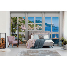 Fotobehang met stadszicht door een raam op zee en landschap in 3D-perspectief, perfect voor de slaapkamer.