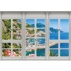 Uitzicht op een stad met zee en bergen, vastgelegd op een 3D-perspectief fotobehang.