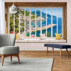 Fotobehang uitzicht door raam op de stad in 3D-perspectief met zee en landschap in huiskamer.