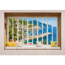 Uitzicht op de stad en zee door een raam met 3D-perspectief op fotobehang.