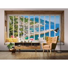 Fotobehang uitzicht door raam op de stad met zee en landschap in woonkamer.