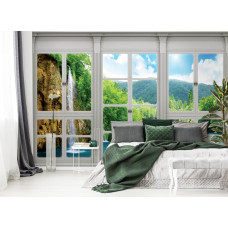 Fotobehang met uitzicht op een landschap met waterval door een raam in 3D, perfect voor de slaapkamer.