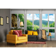 Fotobehang met natuurzicht op een waterval door een raam, geschikt voor de woonkamer.