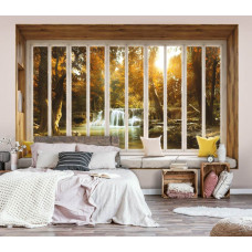 Fotobehang waterval door raam in 3D met bos en bomen in slaapkamer.