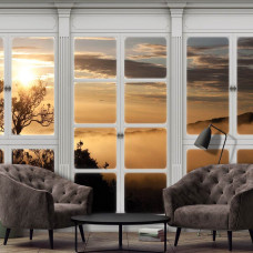 Fotobehang met mistig boszicht door een raam, perfect voor de woonkamer.