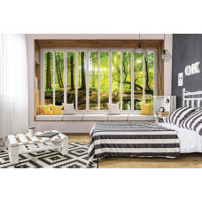 Fotobehang van zonnig bos met zonnestralen in 3D door raam in slaapkamer.
