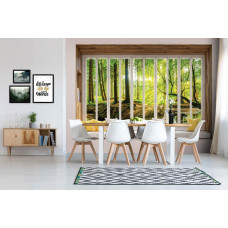 Fotobehang met zonnestralen in bos in 3D door raam in woonkamer.
