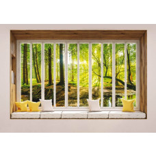 Uitzicht op een zonnig herfstbos door een raam, met 3D-perspectief op fotobehang.