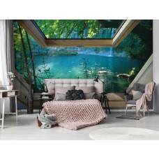 Een fotobehang van een jungle-uitzicht met waterval voor de slaapkamer.