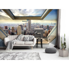 Een fotobehang van de skyline van New York door een dakraam met 3D-effecten, ideaal voor de huiskamer.