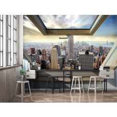 Een fotobehang van een stadslijn van New York door een raam voor het kantoor.
