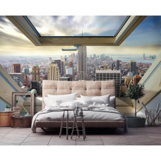 Een fotobehang van New York City gezien door een dakraam, perfect voor de slaapkamer.