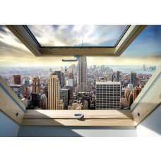 Fotobehang met een uitzicht op New York door een dakraam, 3D-effect voor extra diepte.