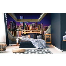 Een fotobehang met de skyline van New York door een dakraam met 3D-effecten, ideaal voor de slaapkamer.