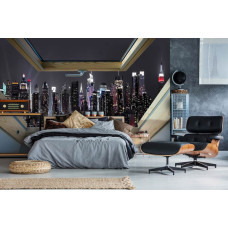 Een fotobehang met 3D-effecten van New York City door een dakraam, geschikt voor de slaapkamer.