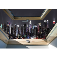 Fotobehang met een uitzicht op de stad New York door een dakraam, met 3D-effecten.