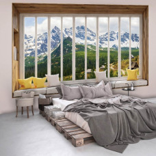 Fotobehang uitzicht op de bergen vanuit het raam met 3D-effect en berglandschap in slaapkamer.