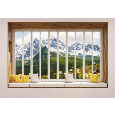 Uitzicht op bergen door een raam met 3D-effect op een berglandschap fotobehang.