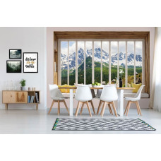 Fotobehang uitzicht op de bergen vanuit het raam met 3D-effect en berglandschap in woonkamer.