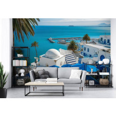 Een fotobehang met uitzicht op de haven in Tunesiė, bedrukt op vliesbehang, passend in een woonkamer.