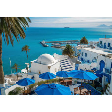 Fotobehang van een uitzicht op de haven in Tunesië, met mediterrane sfeer en blauwe wateren.