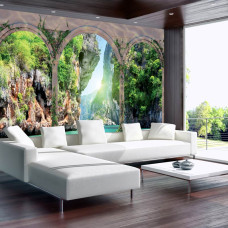 Een fotobehang van een terras met uitzicht op rotsen en meer in 3D.