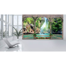 Een fotobehang van uitzicht op rotsen vanaf een terras met 3D-effect, perfect voor de woonkamer.