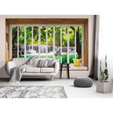 Fotobehang uitzicht op de waterval door het raam in 3D-perspectief met jungle in huiskamer.