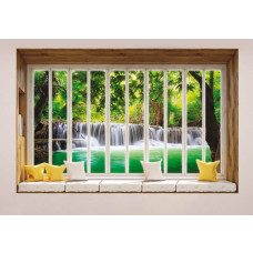 Uitzicht op een jungle waterval door een raam met 3D-perspectief op fotobehang.