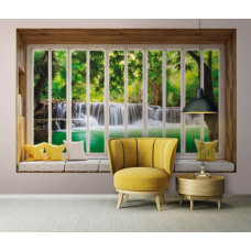 Fotobehang uitzicht op de waterval door het raam in 3D-perspectief met jungle in woonkamer.