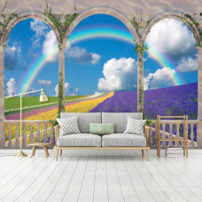 Een fotobehang van een terrasuitzicht op bloemenvelden met een 3D-effect.
