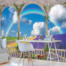 Een fotobehang van uitzicht op een bloemenveld vanaf een terras met 3D-effect voor het kantoor.