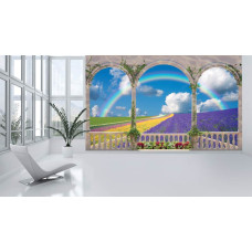 Een fotobehang van bloemenvelden vanaf een terras in 3D-effect voor de woonkamer.
