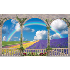 Fotobehang met uitzicht op een bloemenveld vanaf een terras, 3D-effect voor extra dimensie.