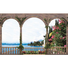 Fotobehang met uitzicht op een meer vanaf een terras, 3D-effect voor dieptewerking.