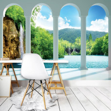 Een fotobehang met een waterval met pilaren in een 3D-compositie, geschikt voor een kantoor.