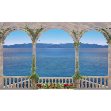 Balkon uitzicht op zee, fotobehang met Griekse zuilen en een prachtig zeezicht voor een luxueuze sfeer.