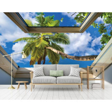 Een fotobehang met uitzicht op palmbomen door een dakraam met 3D-effecten, perfect voor de huiskamer.
