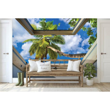 Een fotobehang van een tropisch landschap met palmbomen voor de slaapkamer.