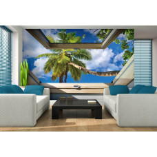 Een fotobehang van palmbomen door een dakraam, geschikt voor de woonkamer.