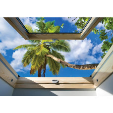 Fotobehang met uitzicht op palmbomen door een dakraam, met subtiele 3D-effecten.