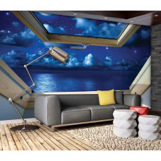 Een fotobehang met sterrenhemel en 3D-effect voor de tienerkamer.