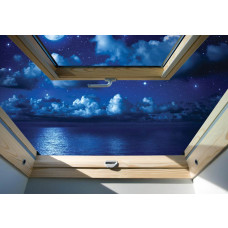 Fotobehang met uitzicht op een sterrenhemel, zichtbaar door een dakraam, met een 3D-effect.