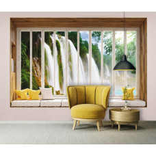 Fotobehang uitzicht vanuit het raam op een grote waterval in 3D in slaapkamer.