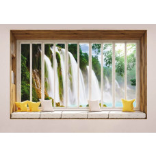 Uitzicht op een grote waterval door een raam op 3D-fotobehang.