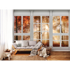 Fotobehang met uitzicht op herfstbos met zonnestralen door een raam, ideaal voor de huiskamer.