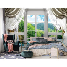 Een fotobehang van een waterval in een berglandschap door een raam, ideaal voor de slaapkamer.