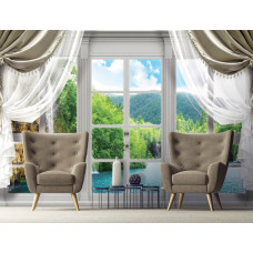 Een fotobehang met een uitzicht op een waterval door een raam in 3D-effect, perfect voor de woonkamer.