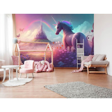 Een fotobehang met een eenhoorn in een sprookjesachtig wonderland, ideaal voor een babykamer.
