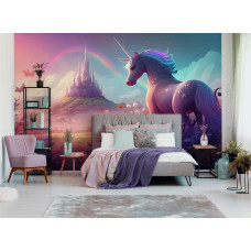 Een fotobehang met een eenhoorn in een sprookjeskasteel met regenboog, ideaal voor een kinderkamer en slaapkamer.